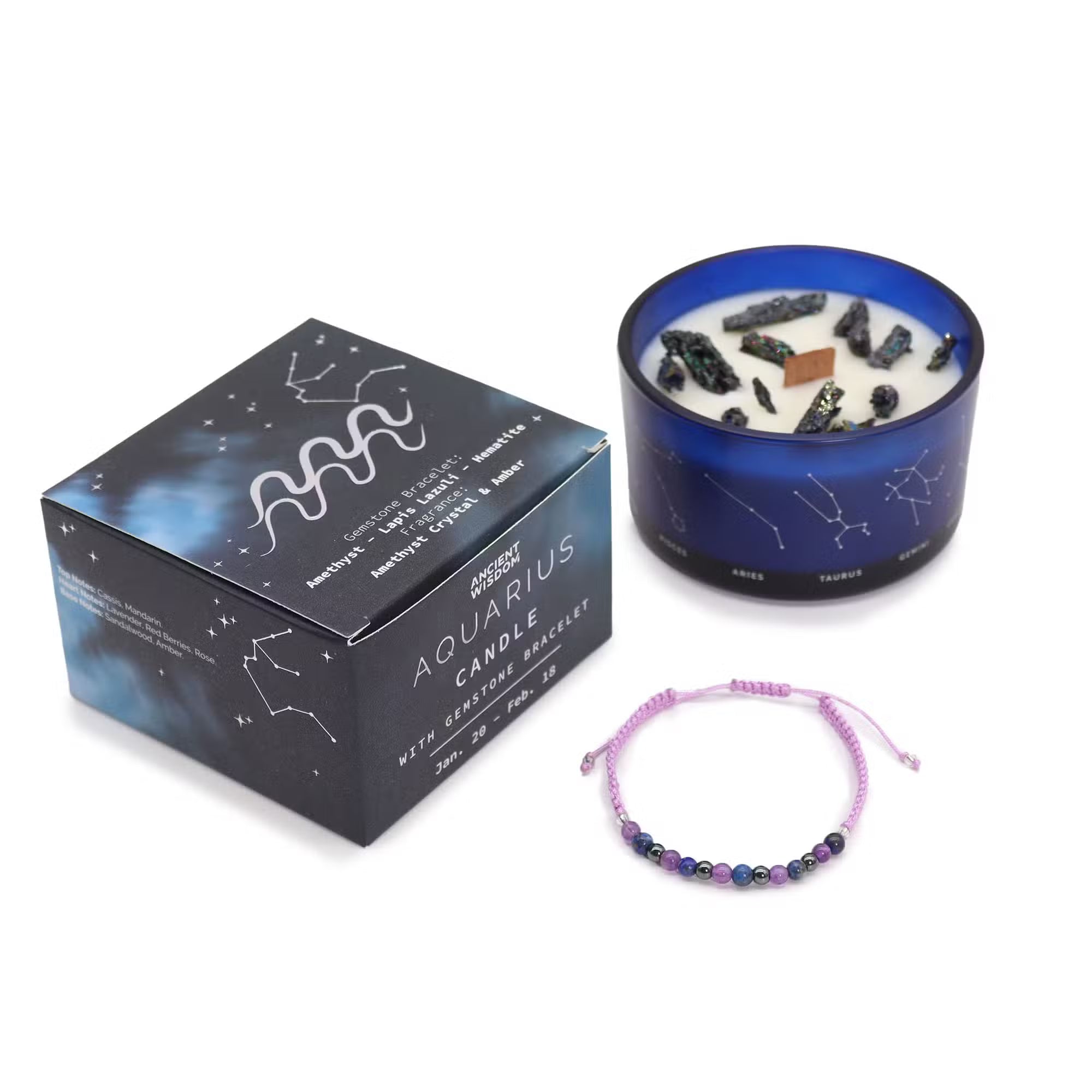 Aquarius Zodiac Crystal Ritual Candle & Gemstone Bracelet Set