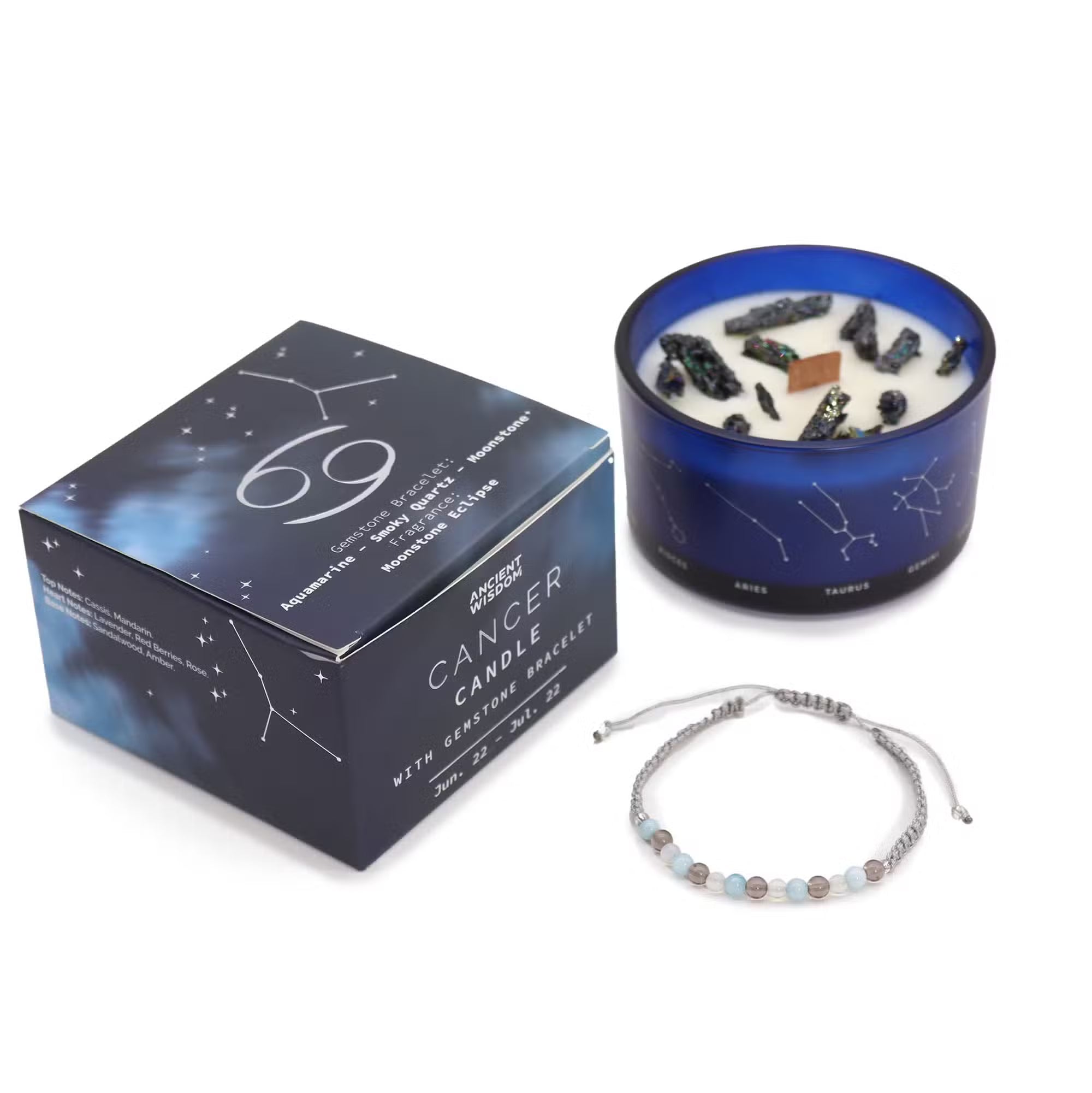 Cancer Zodiac Crystal Ritual Candle & Gemstone Bracelet Set