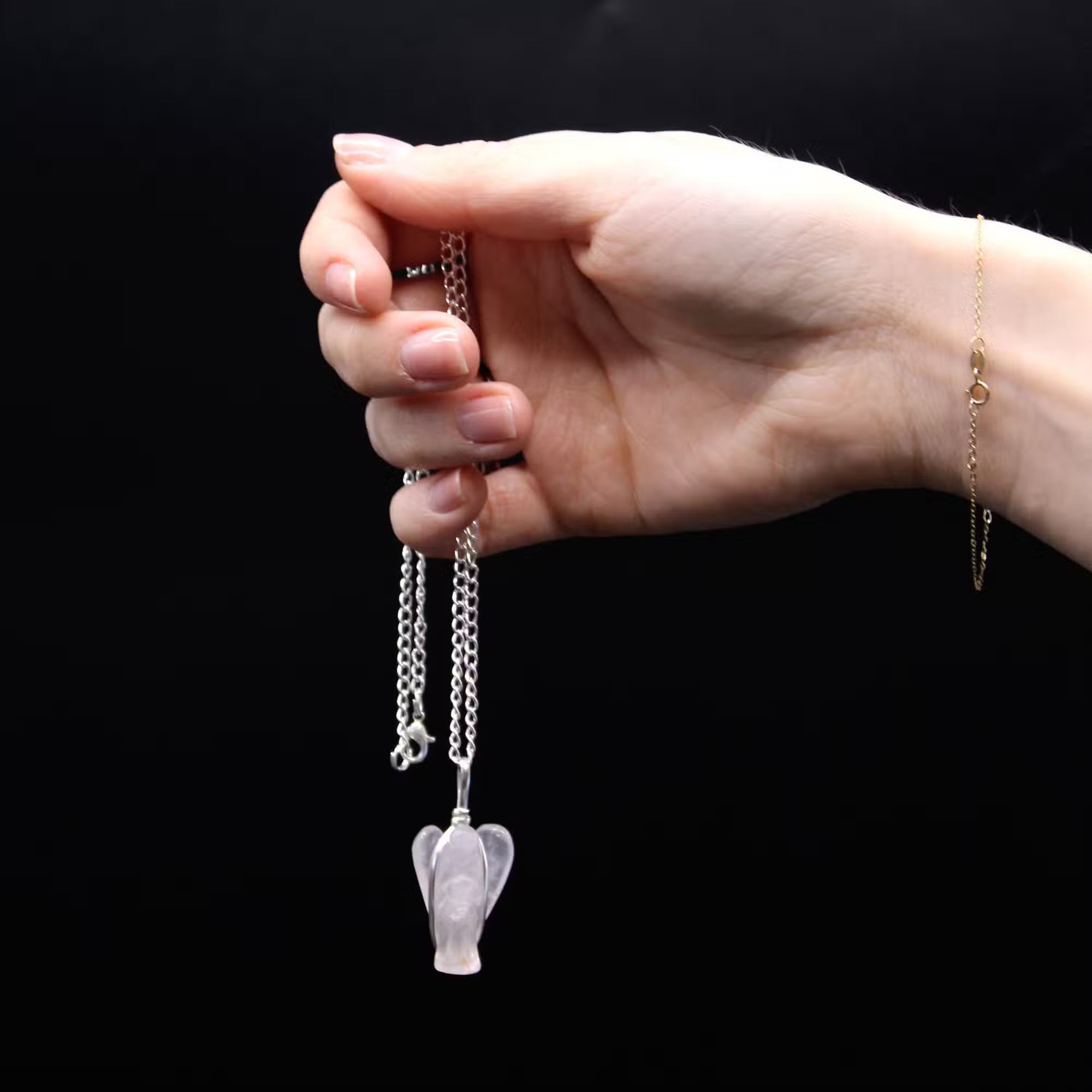 Rose Quartz Guardian Angel Pendant | Sterling Silver Plated