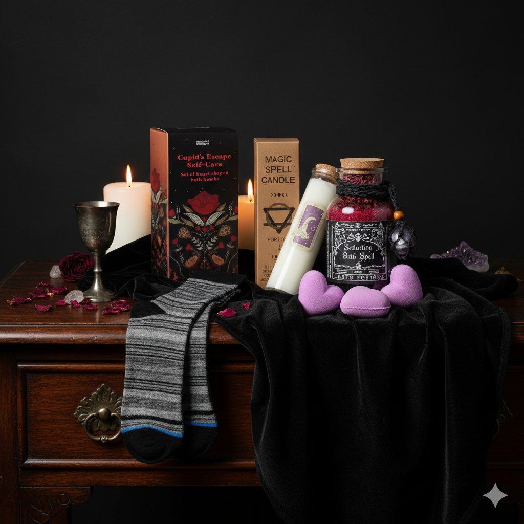 Discover the ultimate Love & Seduction Manifestation Ritual. This luxury gift set includes a Rose Quartz spell candle, Amethyst bath potion, and heart bath bombs. Handcrafted in England—perfect for self-love or a mystical Valentine’s Day gift. Free UK Shipping!