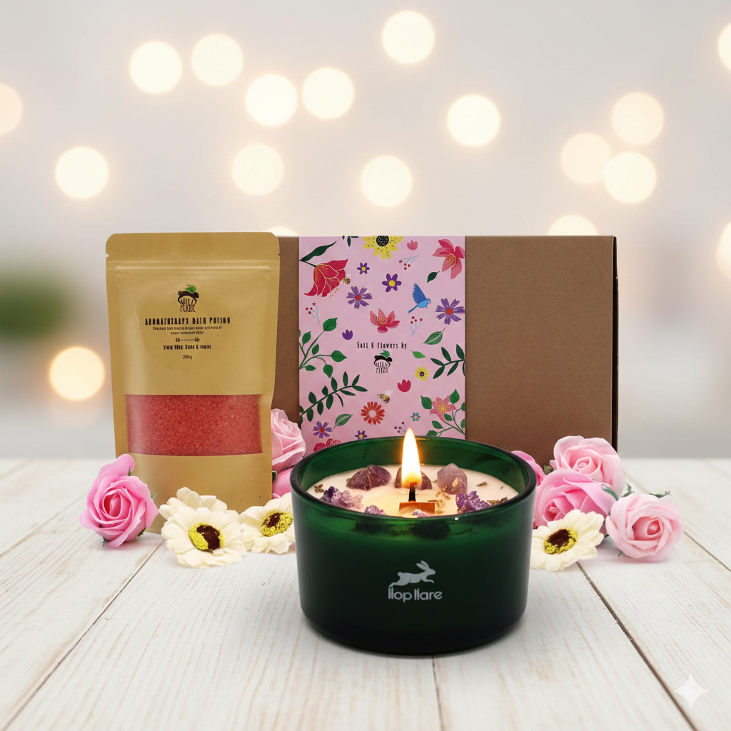 Gothic Valentine’s gift set featuring a green glass Amethyst crystal candle, a purple tarot-themed gift box, and a Passion salt soak set with pink soap roses and yellow sunflowers on a white wooden table.