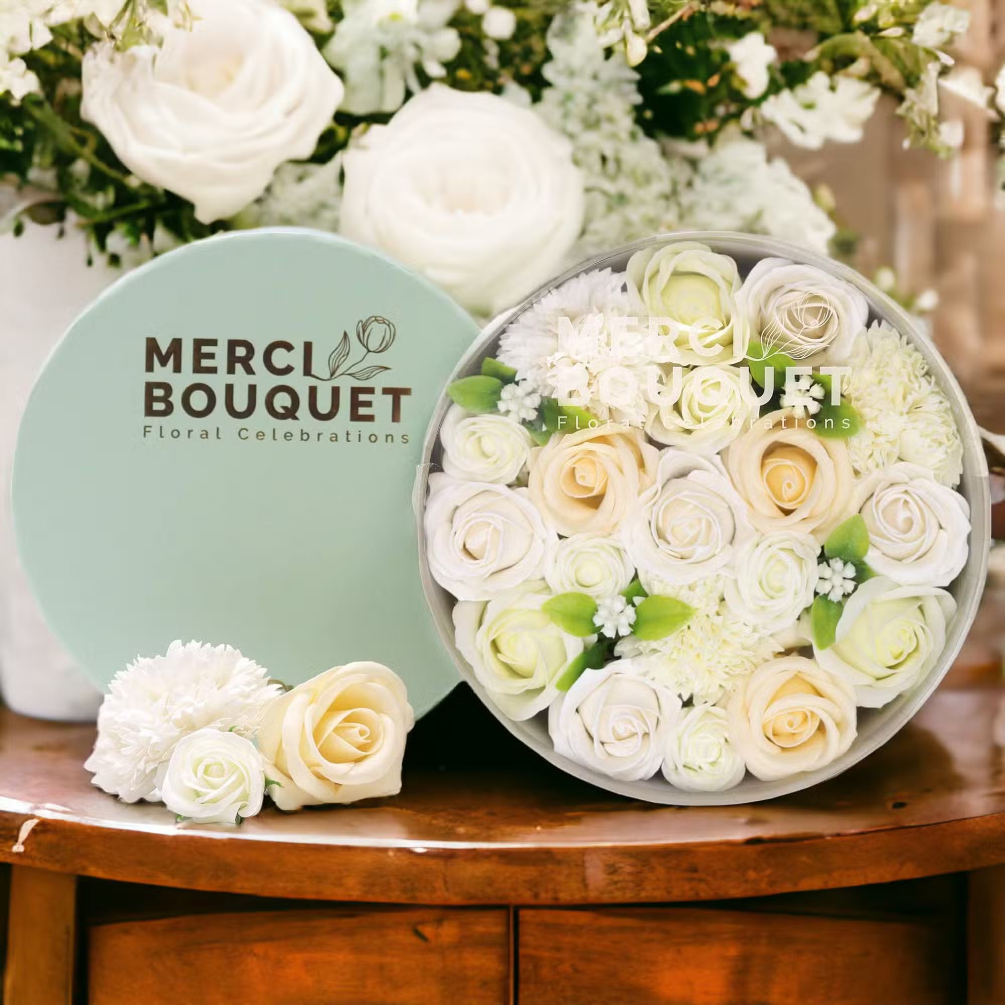 Wedding Blessings: Pristine White & Ivory Soap Flower Box