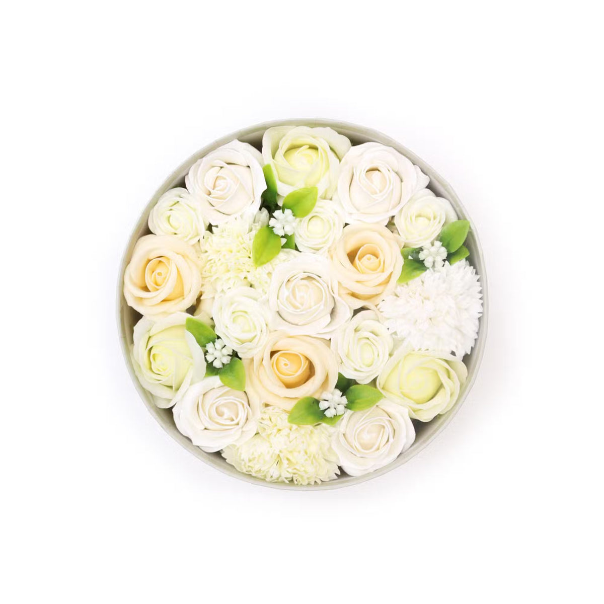 Luxury round gift box of white and ivory soap roses with green leaves - Perfect wedding gift for a bride or elegant bathroom decor