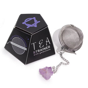 Stainless steel tea strainer with a raw Amethyst crystal charm — 'Amethyst Ritual' tea infuser for spiritual wellness, calm, and intuitive meditation rituals.