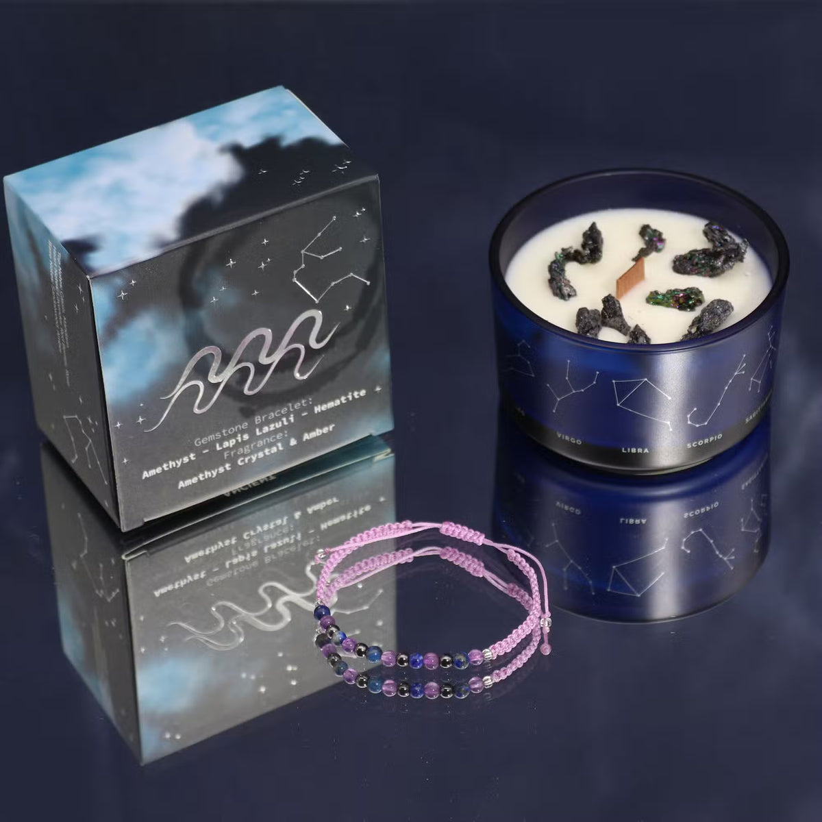 Aquarius zodiac ritual gift set with a crystal-infused candle and gemstone bracelet — Visionary air sign astrology gift for innovation and mental clarity, featuring luxury botanicals.