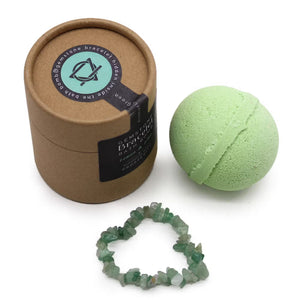 Luxury bath bomb with a hidden Aventurine gemstone bracelet inside — 'Aventurine Fortune' bath fizzy scented with fresh garden and bergamot for luck and abundance.