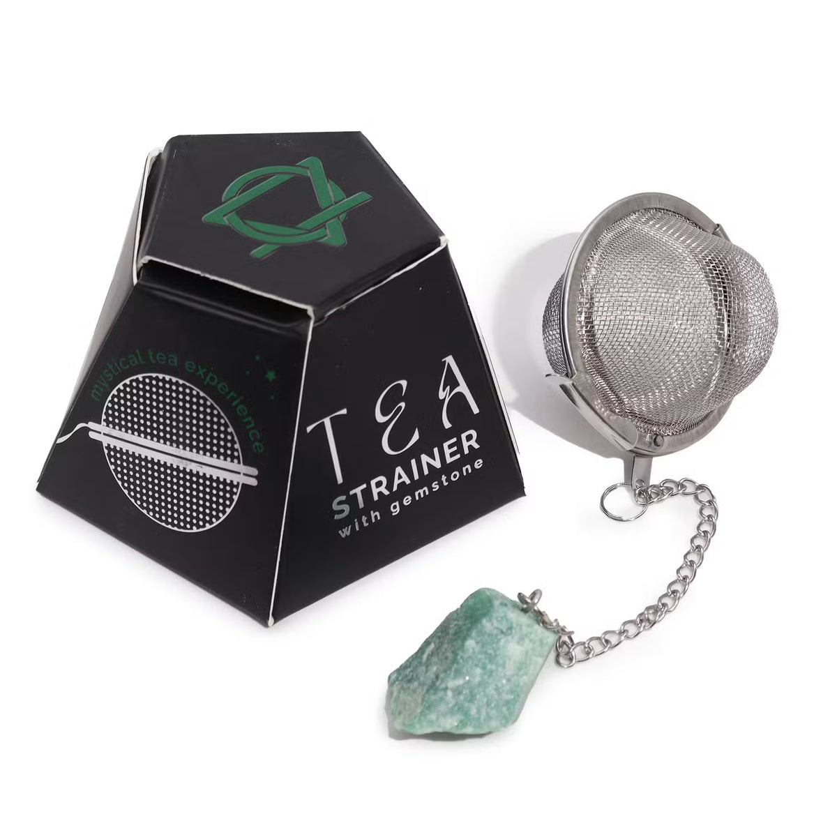 Stainless steel tea infuser featuring a raw Green Aventurine gemstone charm — 'Aventurine Prosperity' tea strainer for mindful brewing, luck, and abundance rituals.