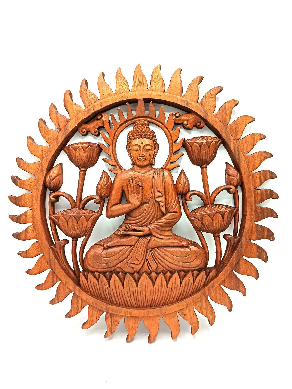 40cm hand-carved Suar wood wall panel featuring Buddha and Lotus flower — Sustainable wood carving for home meditation spaces, zen decor, and spiritual wall art.