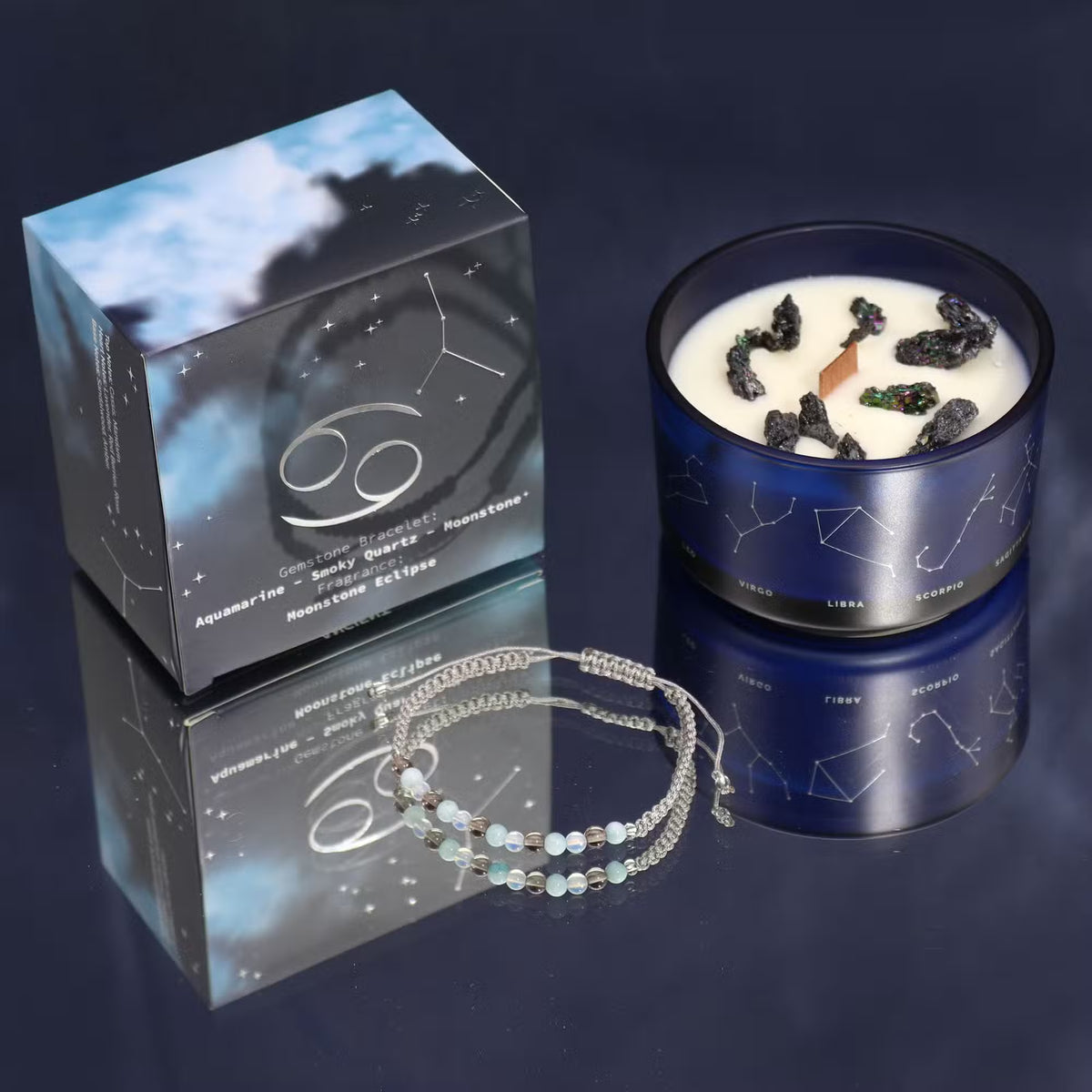 Cancer zodiac ritual gift set with a moon-charged crystal candle and gemstone bracelet — Nurturing water sign astrology gift for emotional healing and home sanctuary rituals.