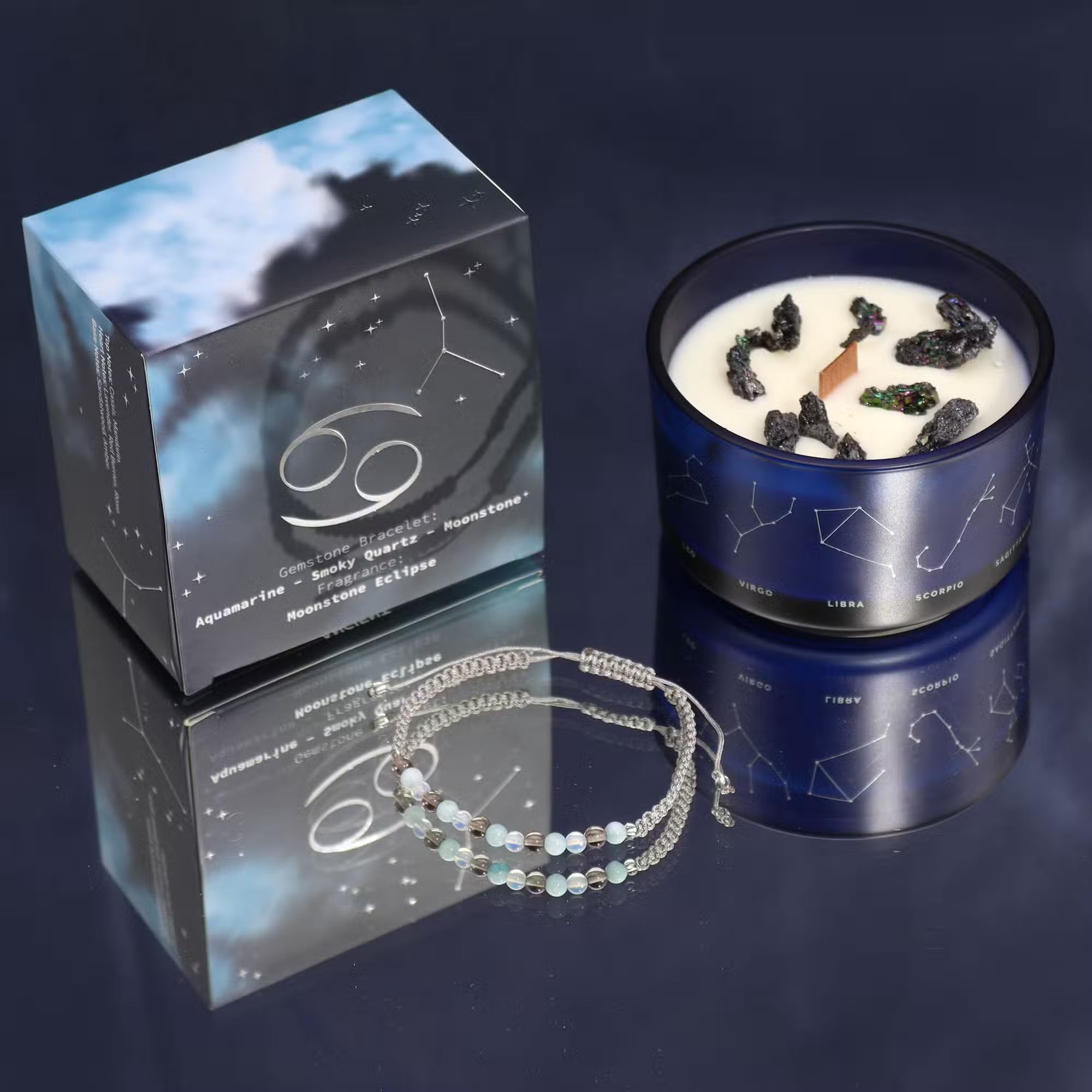 Cancer zodiac ritual gift set with a moon-charged crystal candle and gemstone bracelet — Nurturing water sign astrology gift for emotional healing and home sanctuary rituals.