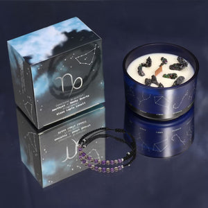 Capricorn zodiac ritual gift set including a crystal-infused candle and gemstone bracelet — Grounding earth sign astrology gift for ambition, focus, and success, featuring premium botanicals.