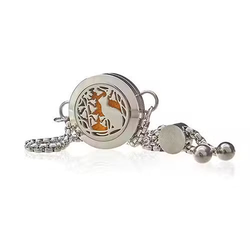 Stainless steel aromatherapy diffuser chain bracelet with a cat and flowers design — 20mm hypoallergenic essential oil jewelry for pet lovers and stress relief.