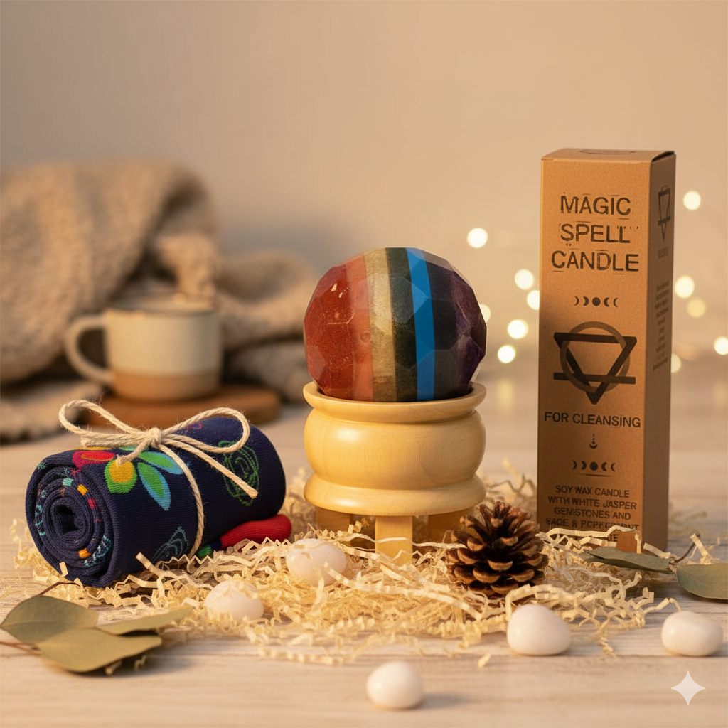 A warm, aesthetic gift set for relaxation featuring rainbow chakra bamboo socks, a Seven Chakra gemstone healing ball on a wooden stand, and a white Jasper magic spell candle. Arranged on a cozy wooden surface with soft, warm lighting to create a calming gift atmosphere for a UK small business.