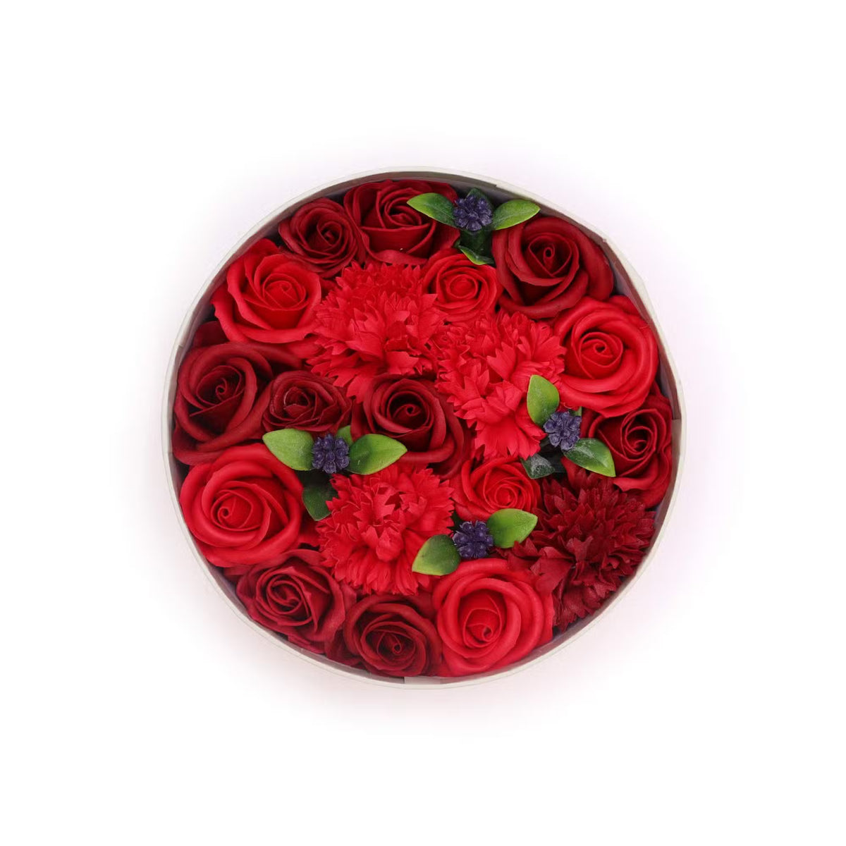 Luxury round gift box of deep red artisan soap roses - Eternal Romance collection, perfect for Valentine's Day, anniversaries, or romantic home decor.