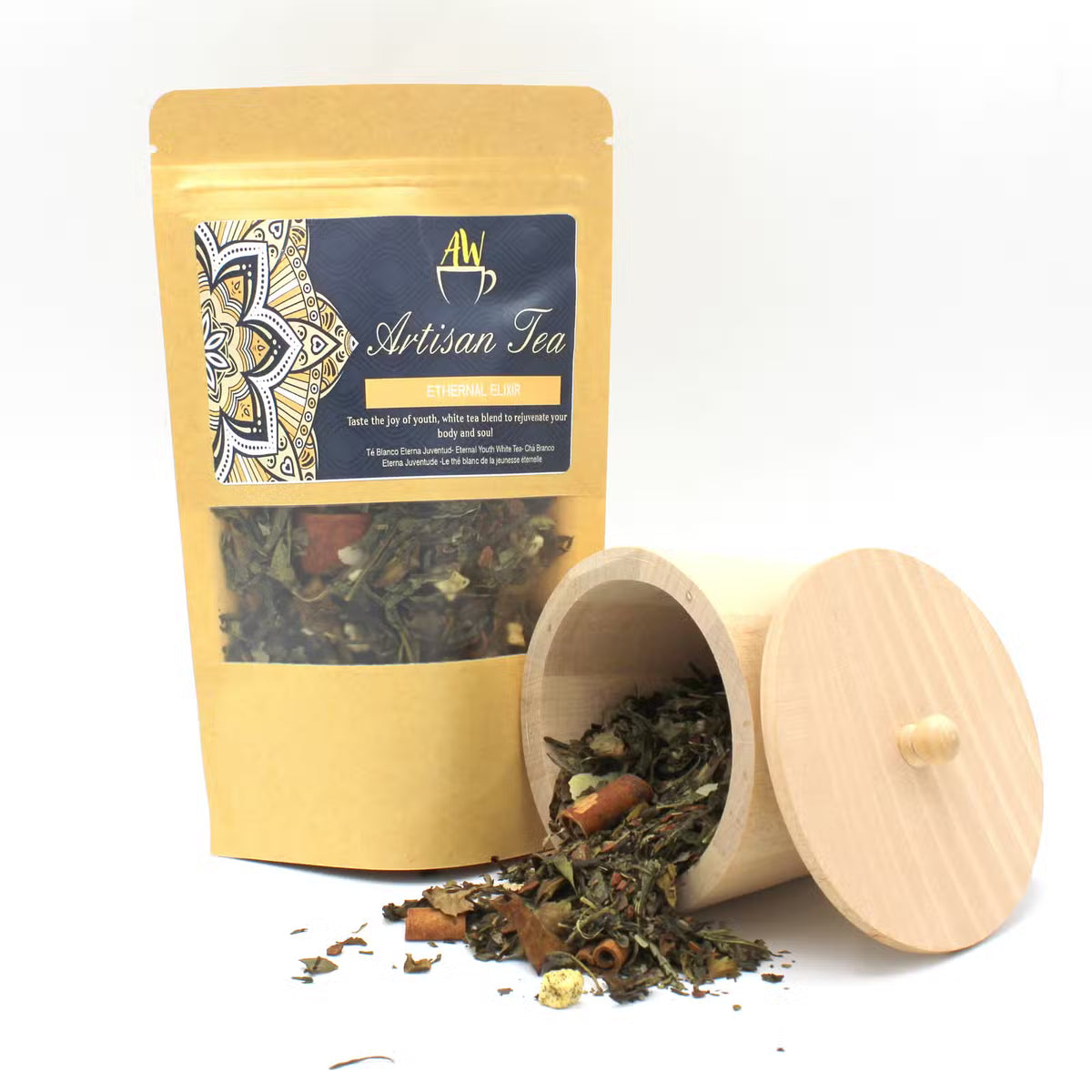Premium 'Eternal Elixir' white tea and Sencha green tea blend — Youthful antioxidant-rich loose leaf tea with apple and cinnamon for skin health and natural wellness.