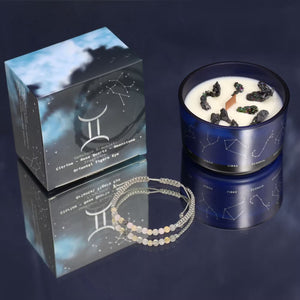 Gemini zodiac ritual gift set featuring a crystal-infused candle and gemstone bracelet — Intellectual air sign astrology gift for communication and mental clarity, with hand-poured botanicals.