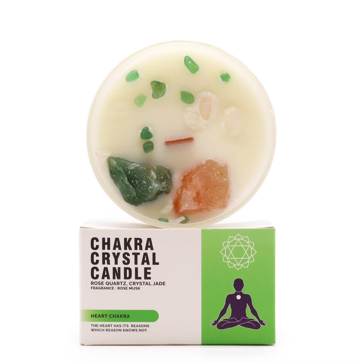 Heart Chakra crystal magic candle with Rose Quartz and Green Jade — Luxury ritual candle for love, harmony, and emotional healing, featuring natural gemstones and floral scents.