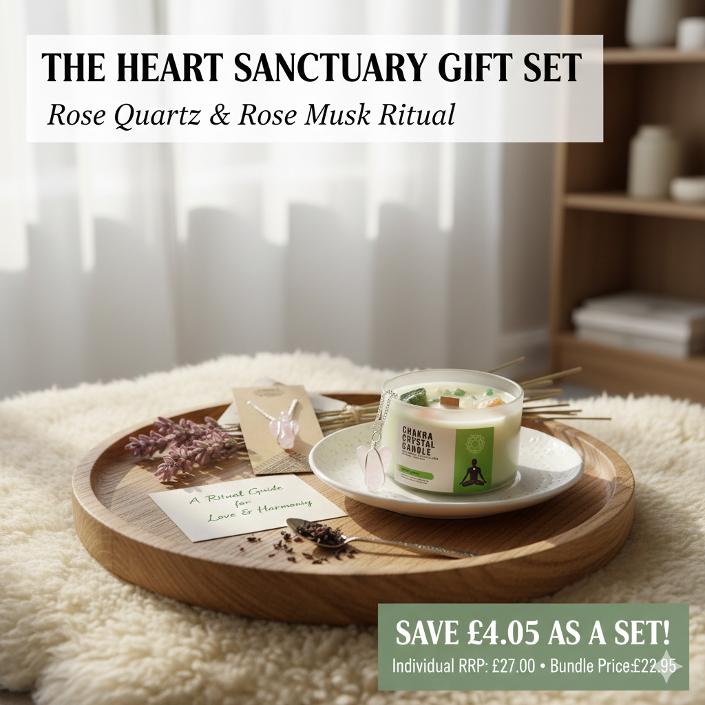 Luxury Heart Sanctuary gift set featuring a Rose Musk crystal candle with Rose Quartz and Jade, plus a hand-carved Rose Quartz angel pendant — Complete heart chakra ritual kit for love and self-care.
