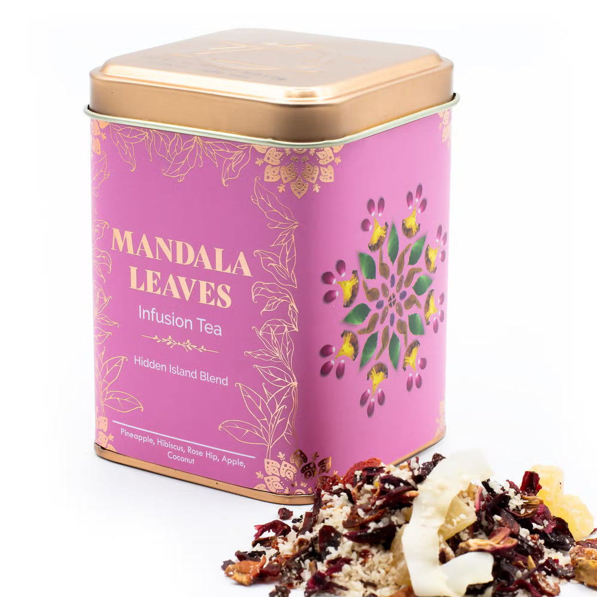 Premium loose-leaf tropical fruit and hibiscus herbal tea infusion — 'Hidden Islands' caffeine-free botanical blend featuring exotic fruit pieces and vibrant hibiscus petals.
