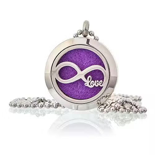 25mm stainless steel infinity love aromatherapy diffuser necklace — Hypoallergenic essential oil locket jewelry for long-lasting fragrance and symbolic self-care gifts.
