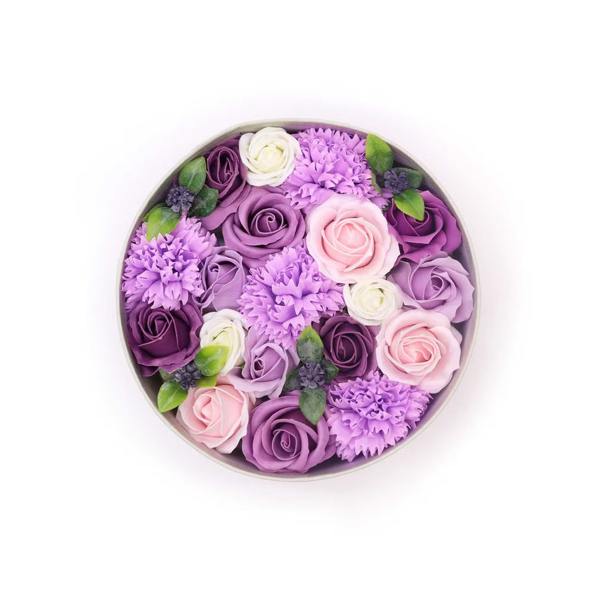 Detailed arrangement of purple lavender soap roses and carnations in a luxury gift box - Ideal relaxation gift for her, Mother's Day, or floral home fragrance.