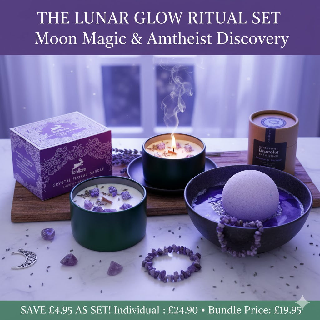Amethyst crystal healing ritual set for Moon Magic — The Lunar Glow discovery kit featuring moon-inspired home fragrance and gemstones for spiritual wellness and manifesting.