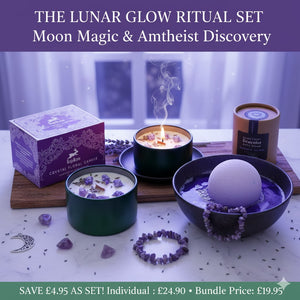 Amethyst crystal healing ritual set for Moon Magic — The Lunar Glow discovery kit featuring moon-inspired home fragrance and gemstones for spiritual wellness and manifesting.