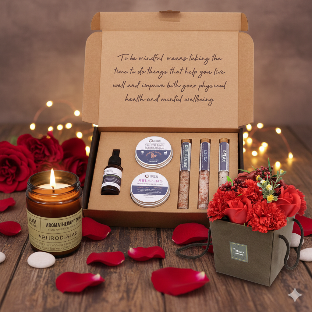 Luxury Valentine's Day Spa Gift Set featuring a Red Soap Rose Bouquet, an Amber Jar Aromatherapy Candle, and a Mindful Moments Self-Care Kit with bath salts and skincare, arranged in a warm, romantic setting.