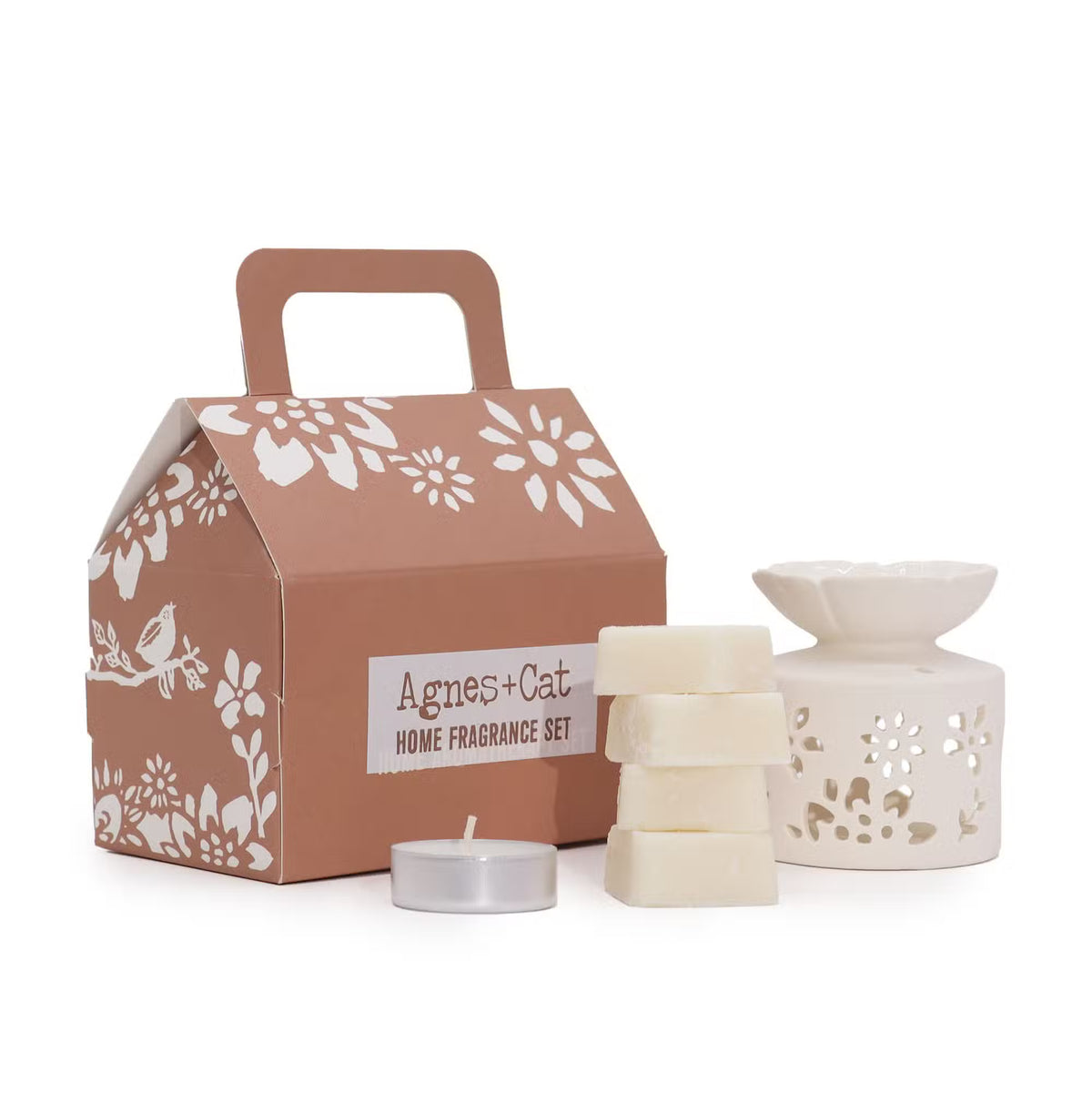 Handmade ceramic house-shaped wax burner with Moroccan Sunset scented wax melts — Elegant home fragrance gift set for aromatherapy and cozy ambient lighting.