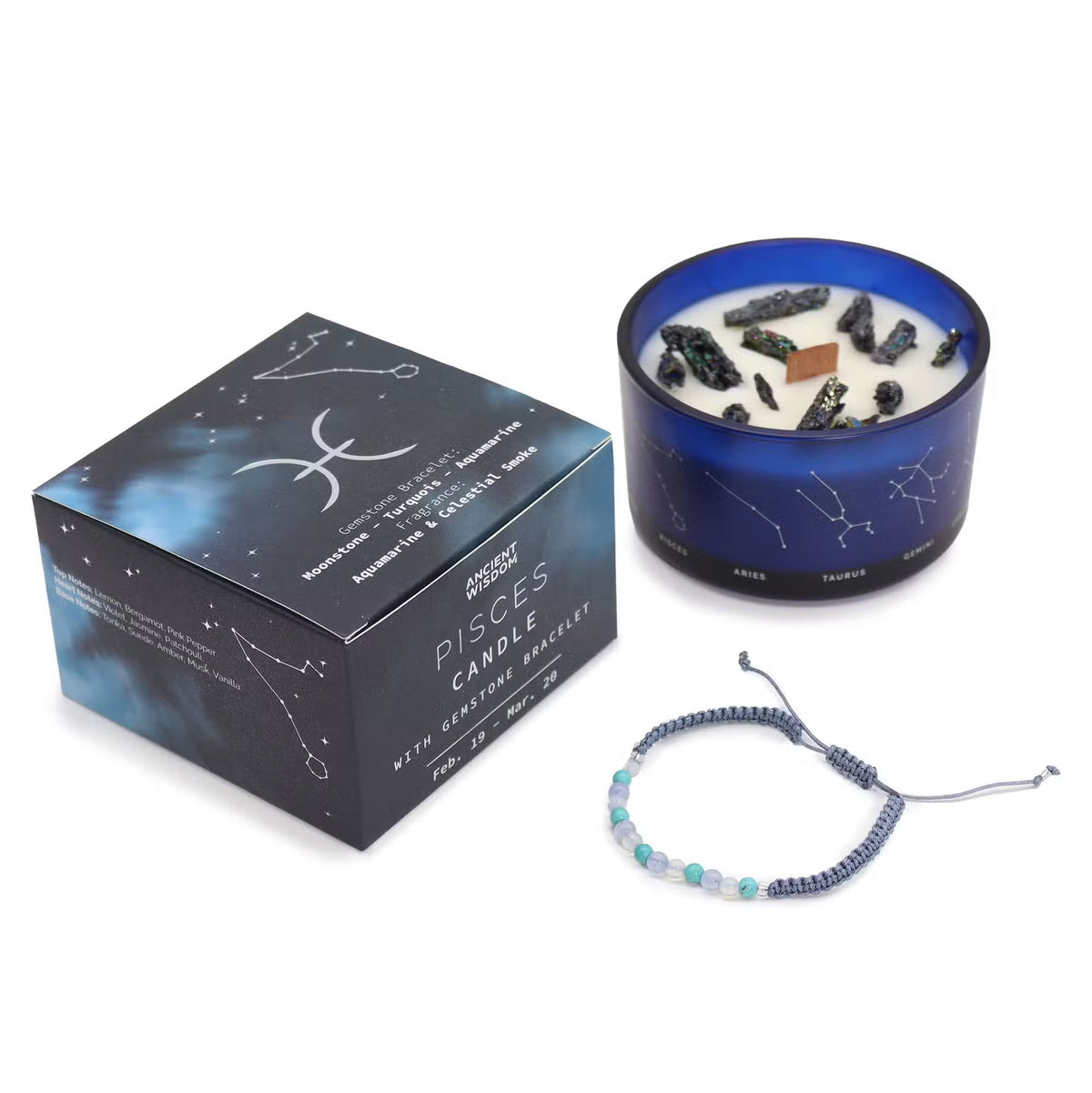 Pisces zodiac crystal ritual gift set with a hand-poured botanical candle and gemstone bracelet — Spiritual astrology gift for Pisces water signs, featuring crystals for intuition and dreaming.