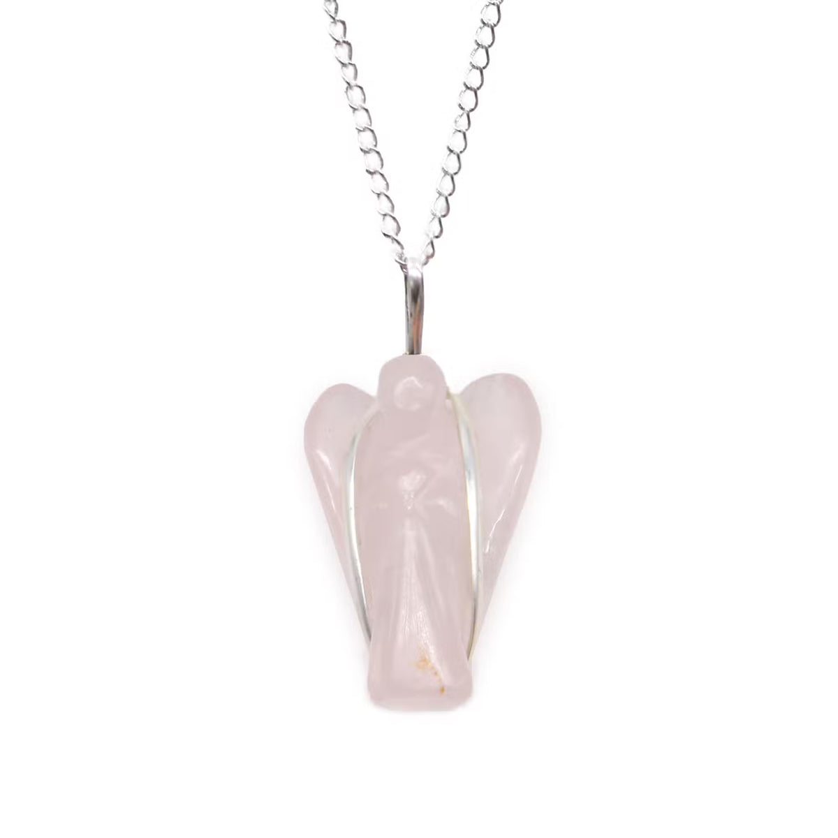 Hand-carved Rose Quartz guardian angel pendant with sterling silver plating — Meaningful crystal jewelry gift for protection, comfort, and heart chakra healing.