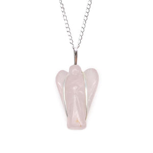 Hand-carved Rose Quartz guardian angel pendant with sterling silver plating — Meaningful crystal jewelry gift for protection, comfort, and heart chakra healing.