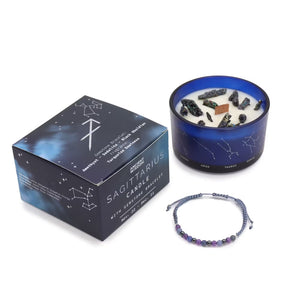 Sagittarius zodiac ritual gift set with a crystal-infused candle and gemstone bracelet — Fire sign astrology gift for adventure and optimism, featuring manifestation crystals.