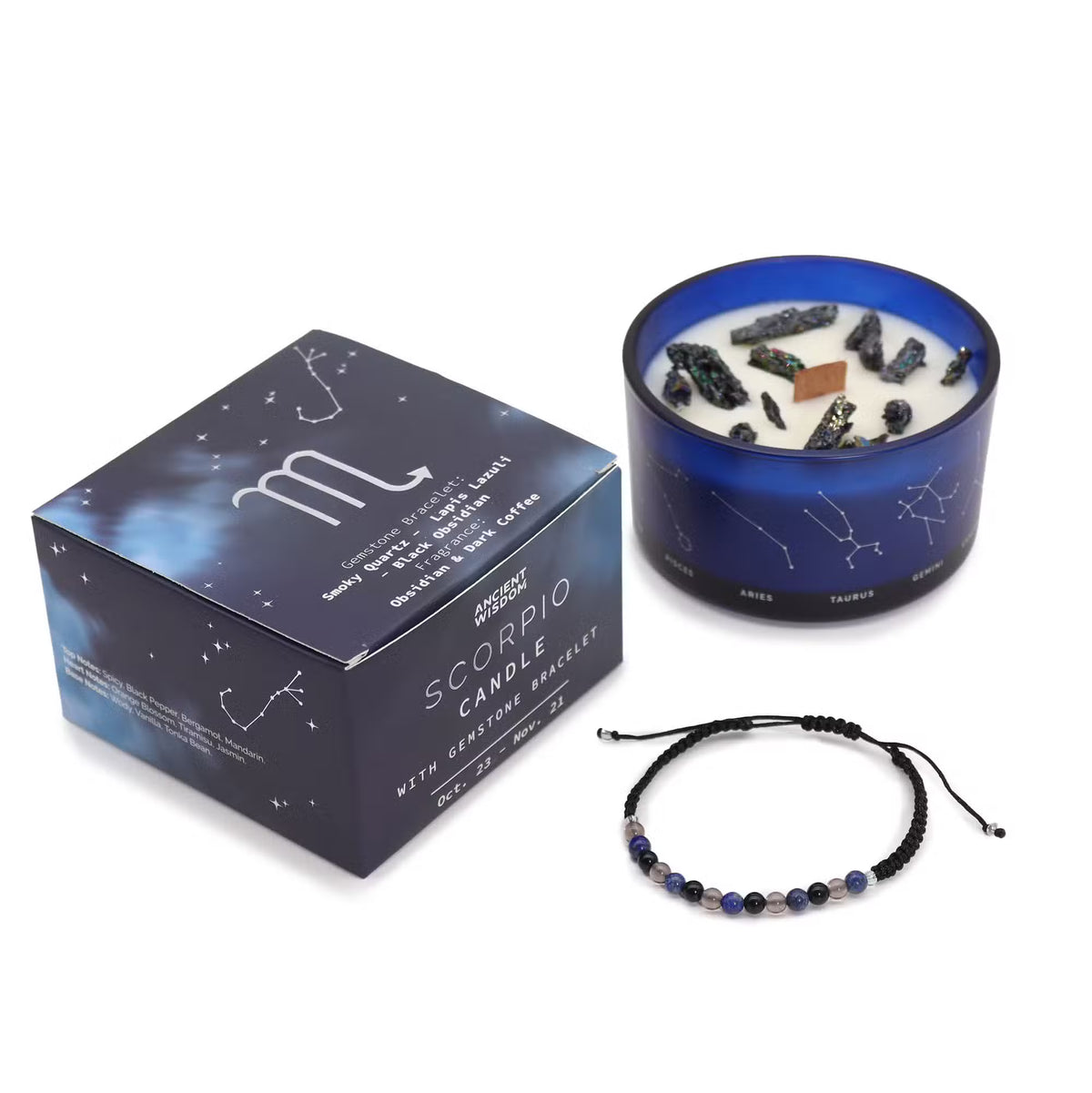 Scorpio zodiac ritual gift set with a crystal-infused candle and gemstone bracelet — Spiritual astrology gift for Scorpio water signs, featuring crystals for transformation and intuition.