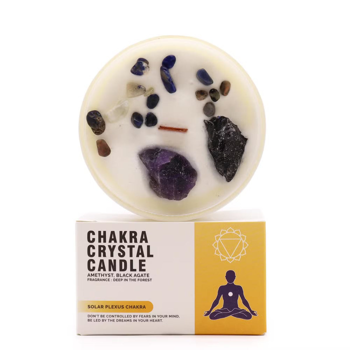 Hand-poured Solar Plexus chakra candle with Amethyst and Black Agate crystals — Magic ritual candle for confidence, personal power, and protection from negative energy.