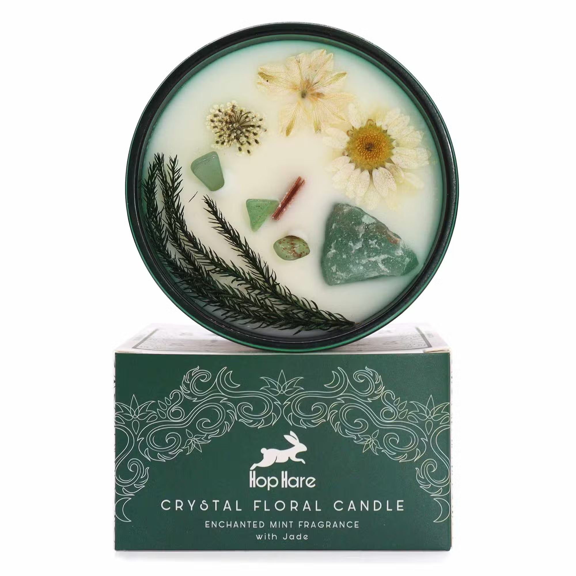 The Magician tarot-inspired botanical candle with Green Jade crystals — Empowering ritual candle for manifestation, new beginnings, and personal willpower, hand-decorated with dried botanicals.
