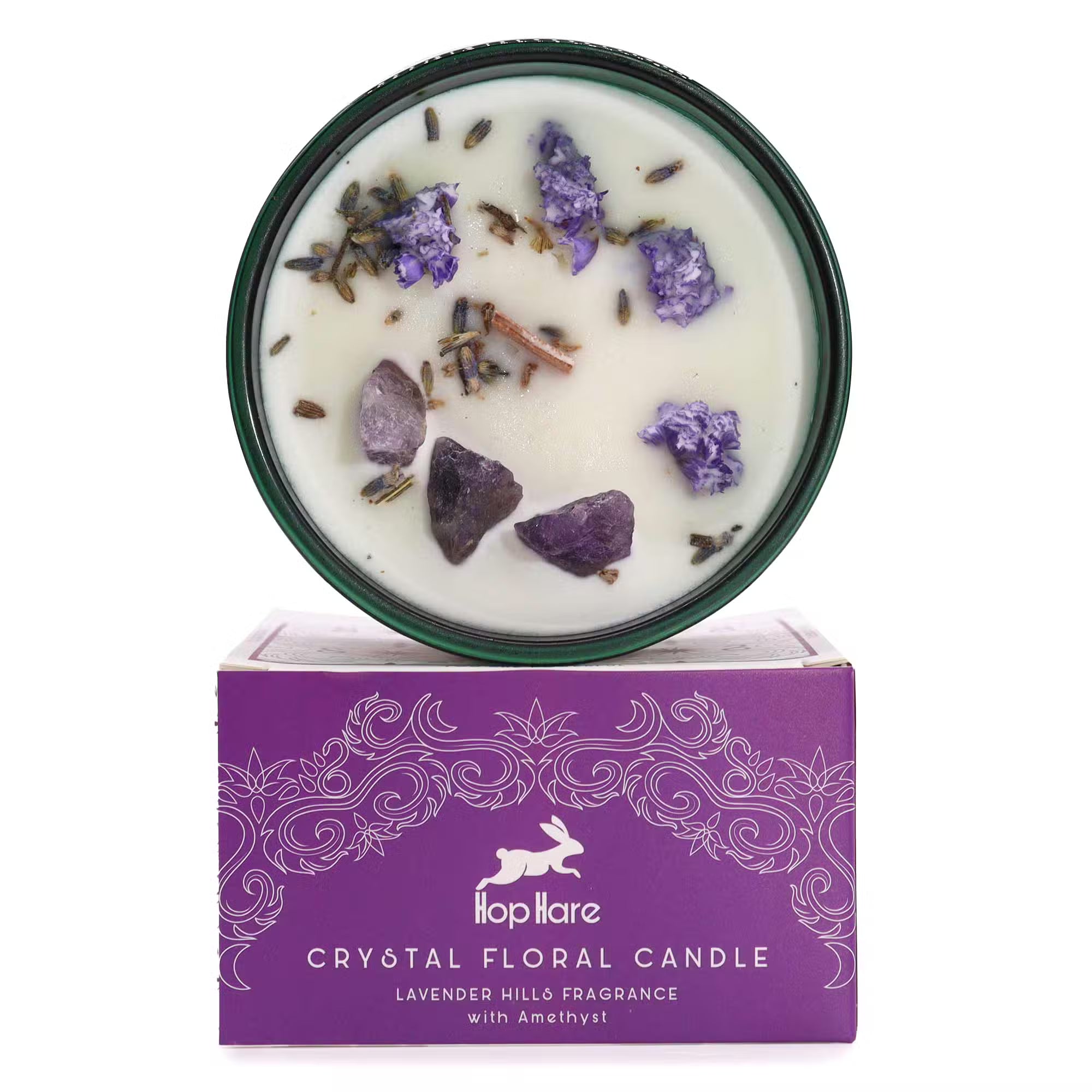 The Moon tarot-inspired botanical candle topped with Amethyst crystals — Spiritual ritual candle for intuition, dream work, and lunar manifestation, hand-poured with natural soy wax.