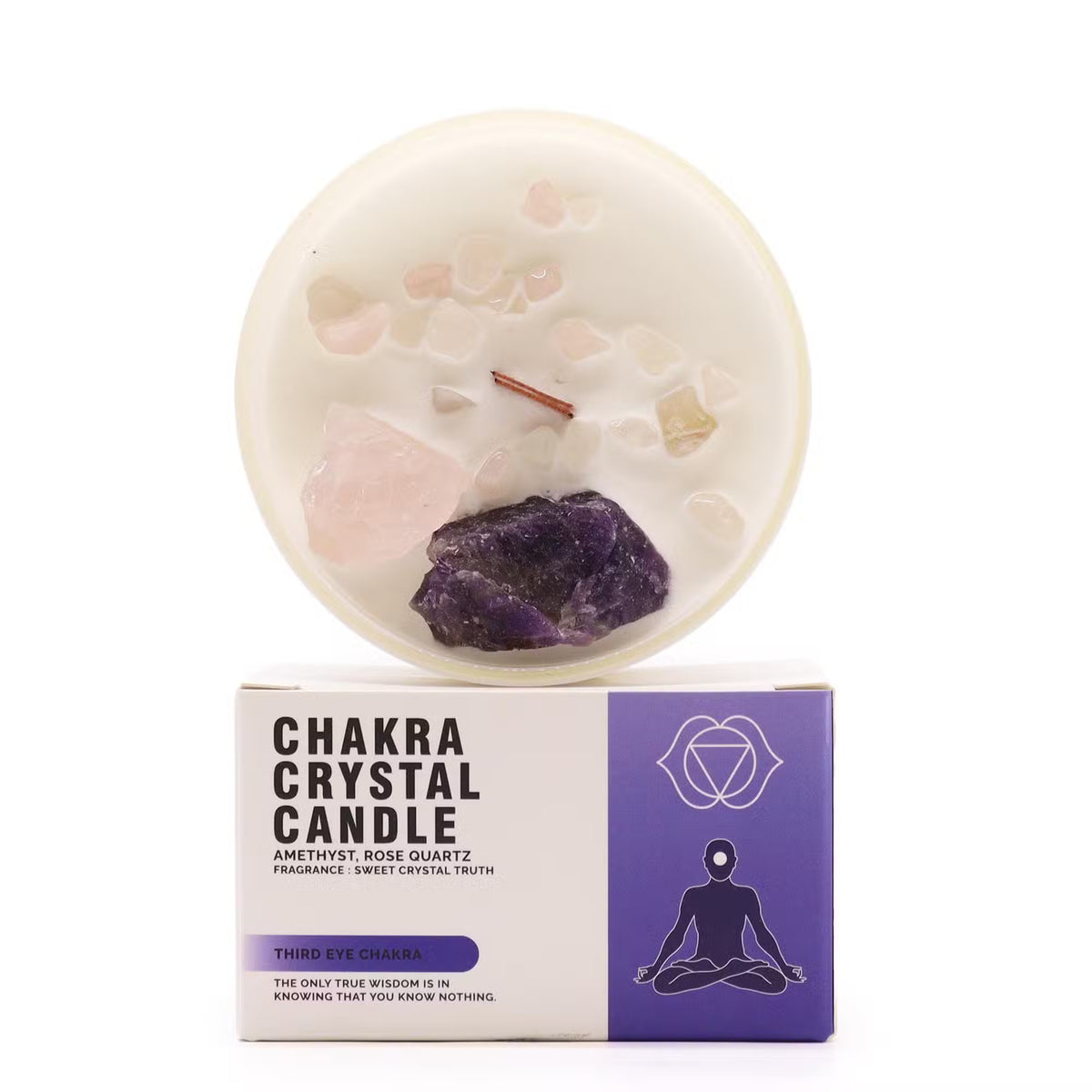 Third Eye chakra crystal candle with Amethyst and Rose Quartz gemstones — Magic ritual candle for intuition, mental clarity, and spiritual awareness in a luxury glass jar.