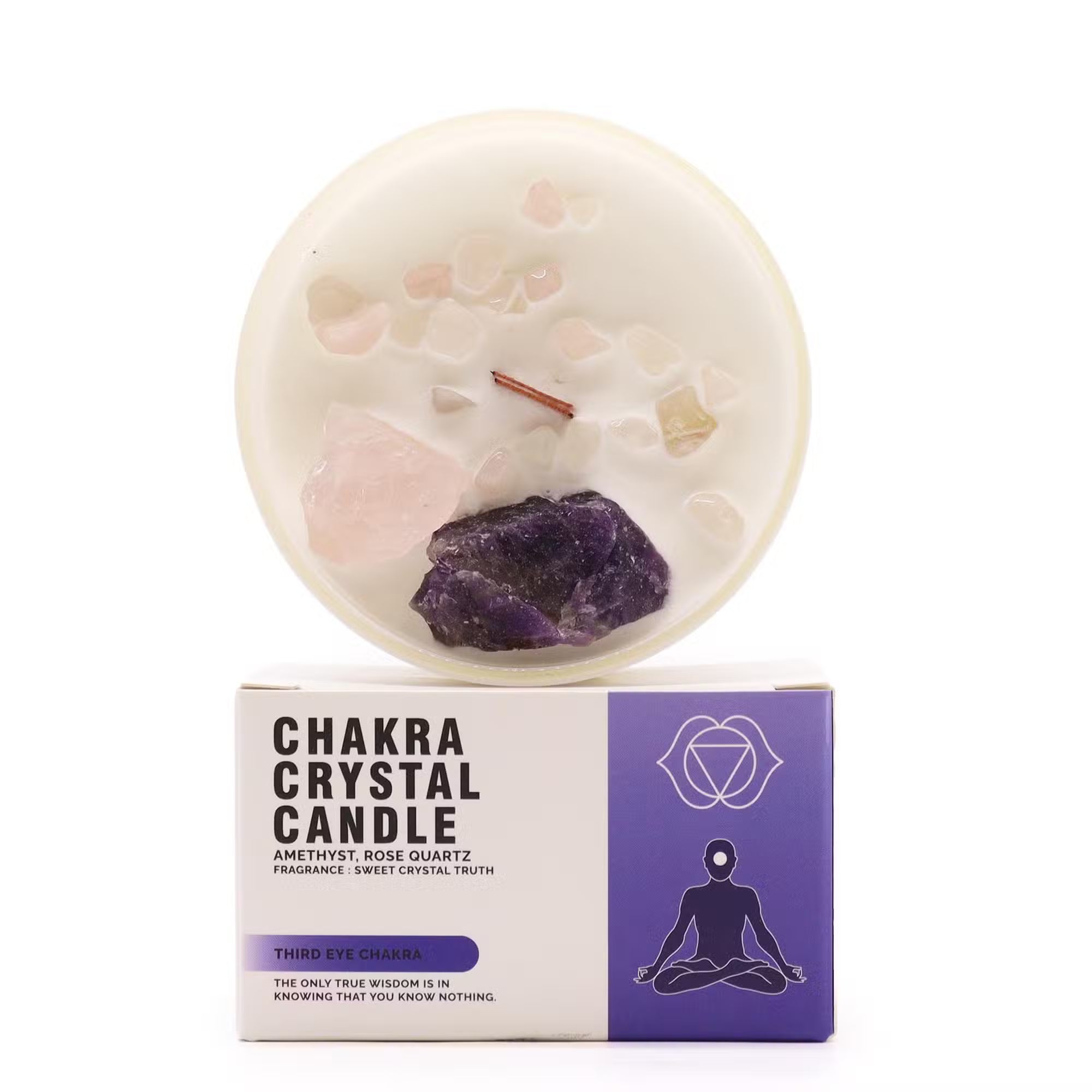 Third Eye chakra crystal candle with Amethyst and Rose Quartz gemstones — Magic ritual candle for intuition, mental clarity, and spiritual awareness in a luxury glass jar.
