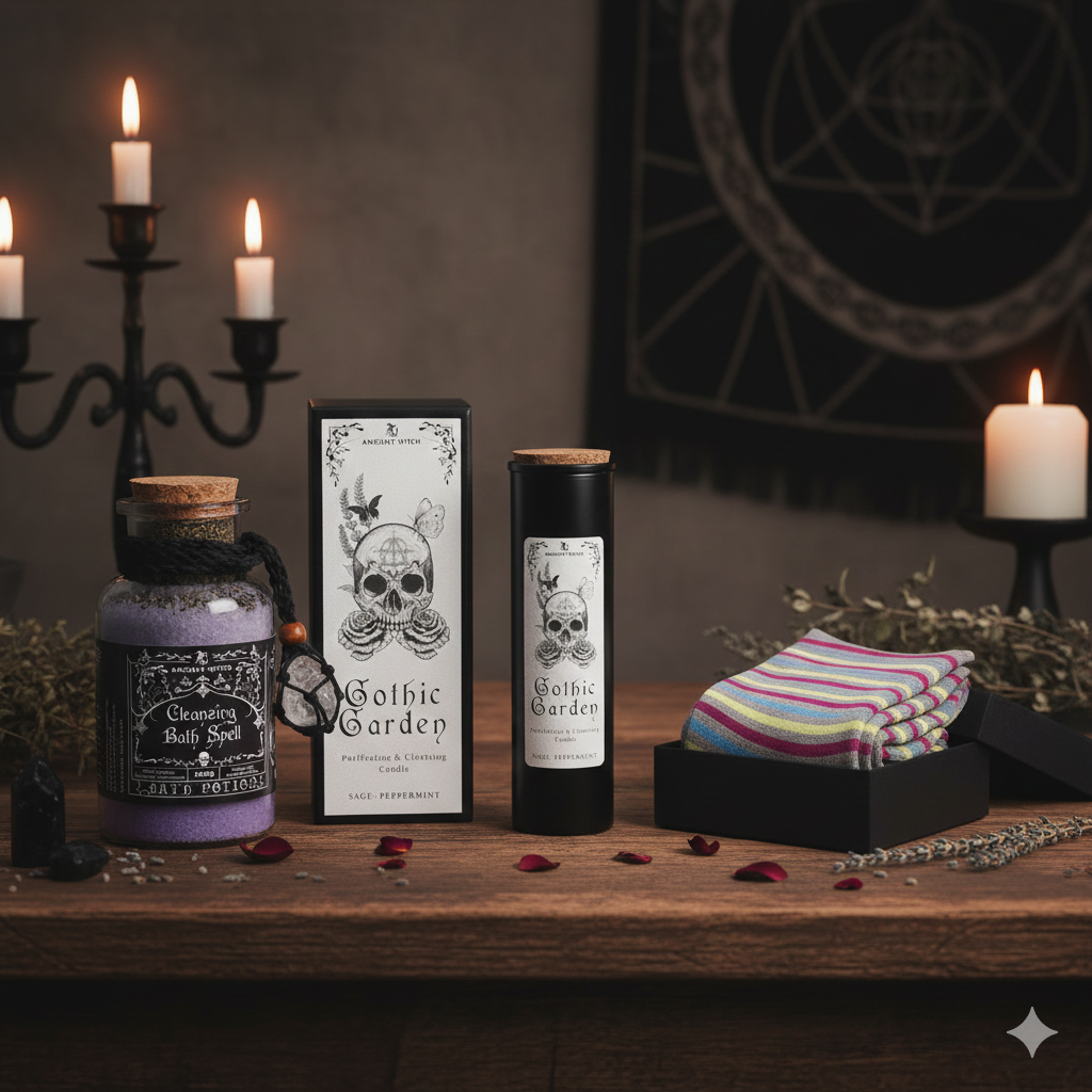 Alt Text Description: A pleasant gothic-style flat lay of a witchy gift set featuring a large "Gothic Garden" skull ritual candle in a black box, an apothecary glass bottle of purple "Cleansing Bath Spell" potion with a rock crystal amulet, and a pair of colourful "Hocus Pocus" bamboo socks in a gift box. The scene is set on a rustic wooden table with a black candelabra, lit candles, and dried herbs in a moody, atmospheric background.