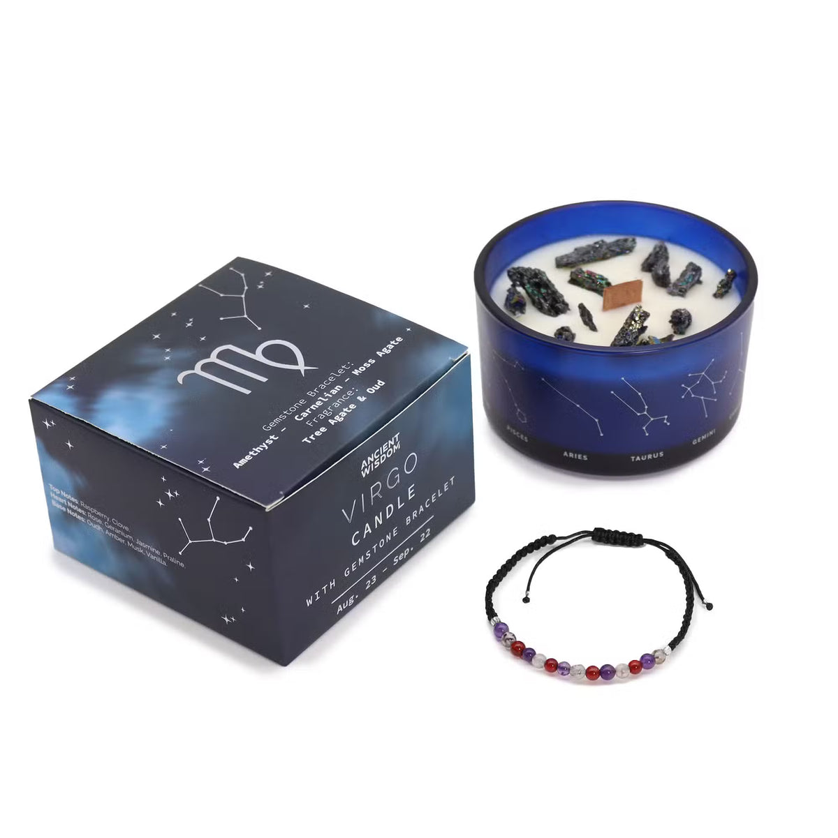 Virgo zodiac ritual gift set featuring a crystal-infused candle and matching gemstone bracelet — Astrology-themed self-care set with healing crystals for Virgo star signs.