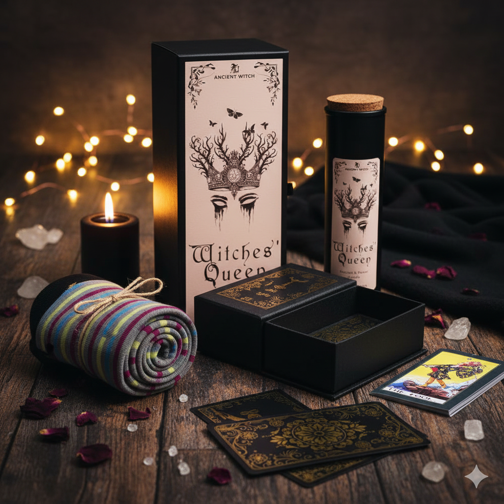 An empowering and mystical gift set for women featuring a luxury gold foil tarot deck in a black box, a "Witches' Queen" ritual candle with a spell card, and "Hocus Pocus" bamboo socks. The products are arranged in a cozy, modern-witch aesthetic with warm lighting, perfect for manifestation and self-care rituals.